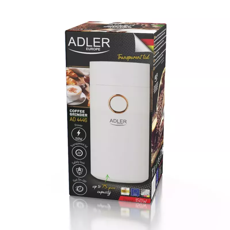 Mahlwerk-Kaffeemühle Adler AD4446WG — elektrische Kaffeemühle, Edelstahl-Mahlwerk, 75-g-Bohnenbehälter, 150 W, weiß