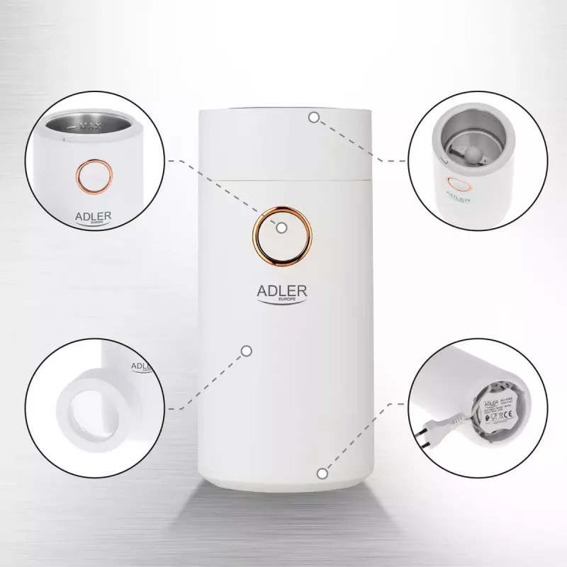 Mahlwerk-Kaffeemühle Adler AD4446WG — elektrische Kaffeemühle, Edelstahl-Mahlwerk, 75-g-Bohnenbehälter, 150 W, weiß
