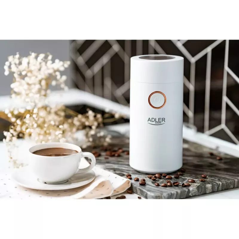 Mahlwerk-Kaffeemühle Adler AD4446WG — elektrische Kaffeemühle, Edelstahl-Mahlwerk, 75-g-Bohnenbehälter, 150 W, weiß