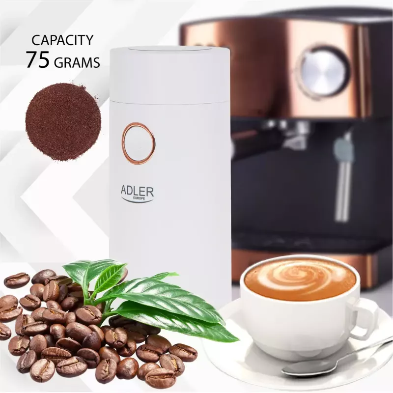 Mahlwerk-Kaffeemühle Adler AD4446WG — elektrische Kaffeemühle, Edelstahl-Mahlwerk, 75-g-Bohnenbehälter, 150 W, weiß