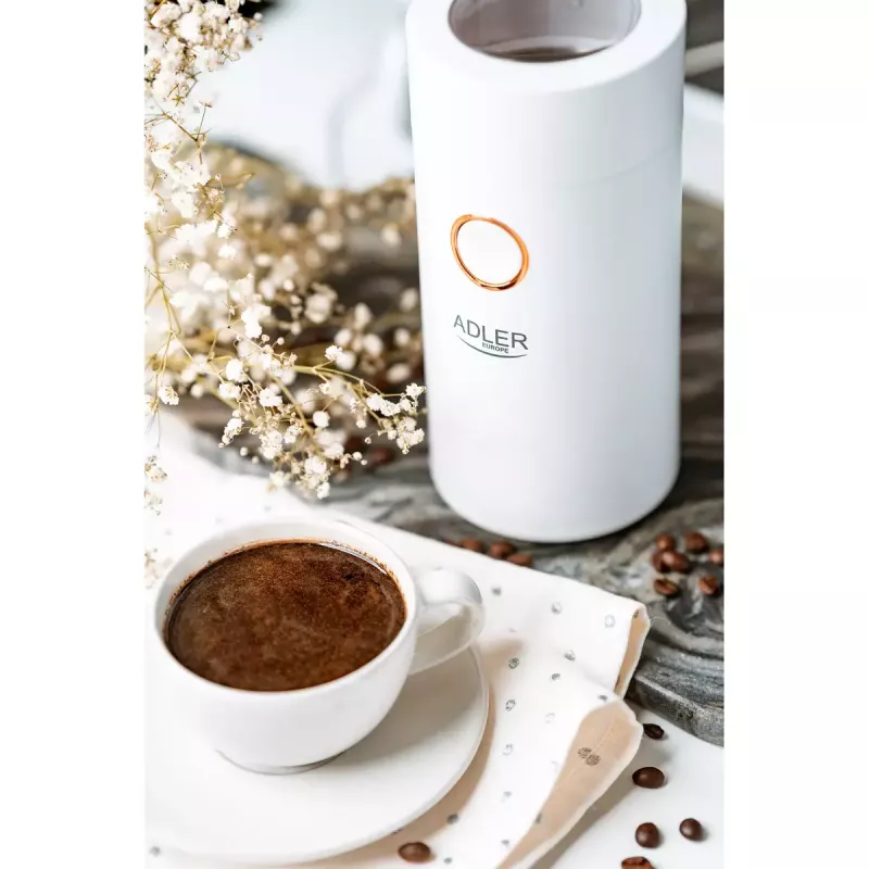 Mahlwerk-Kaffeemühle Adler AD4446WG — elektrische Kaffeemühle, Edelstahl-Mahlwerk, 75-g-Bohnenbehälter, 150 W, weiß