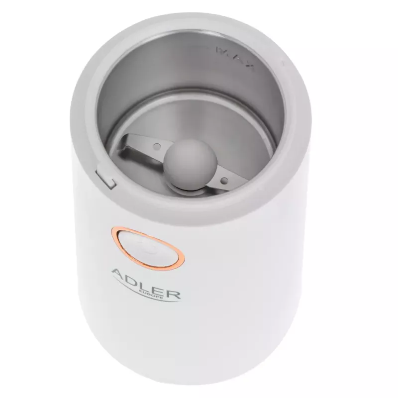 Mahlwerk-Kaffeemühle Adler AD4446WG — elektrische Kaffeemühle, Edelstahl-Mahlwerk, 75-g-Bohnenbehälter, 150 W, weiß