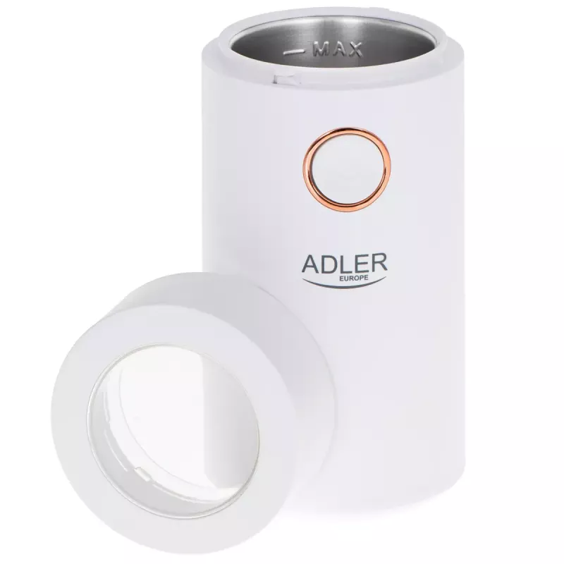 Mahlwerk-Kaffeemühle Adler AD4446WG — elektrische Kaffeemühle, Edelstahl-Mahlwerk, 75-g-Bohnenbehälter, 150 W, weiß