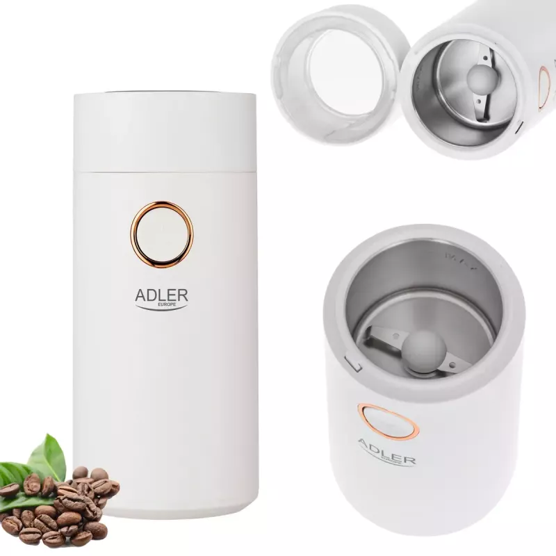 Mahlwerk-Kaffeemühle Adler AD4446WG — elektrische Kaffeemühle, Edelstahl-Mahlwerk, 75-g-Bohnenbehälter, 150 W, weiß