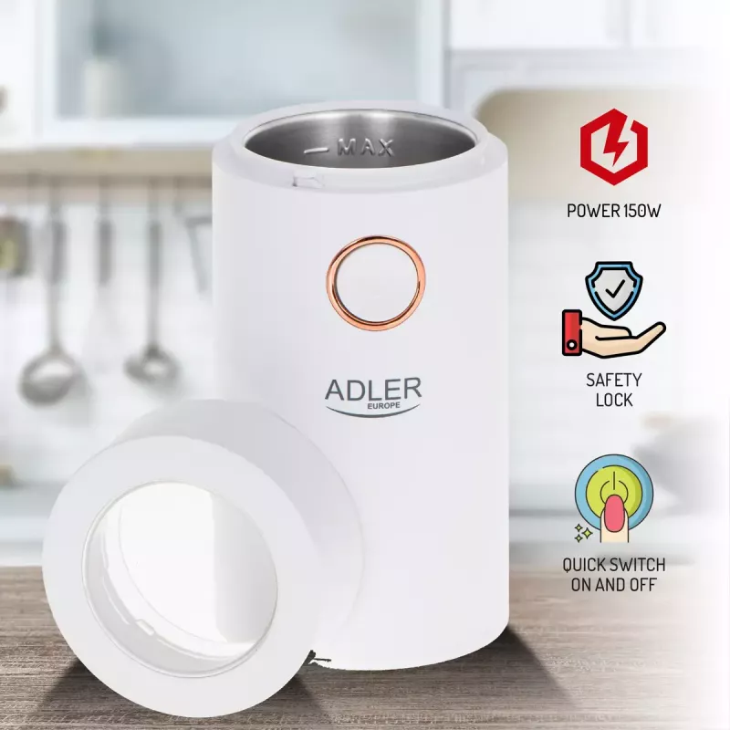 Mahlwerk-Kaffeemühle Adler AD4446WG — elektrische Kaffeemühle, Edelstahl-Mahlwerk, 75-g-Bohnenbehälter, 150 W, weiß