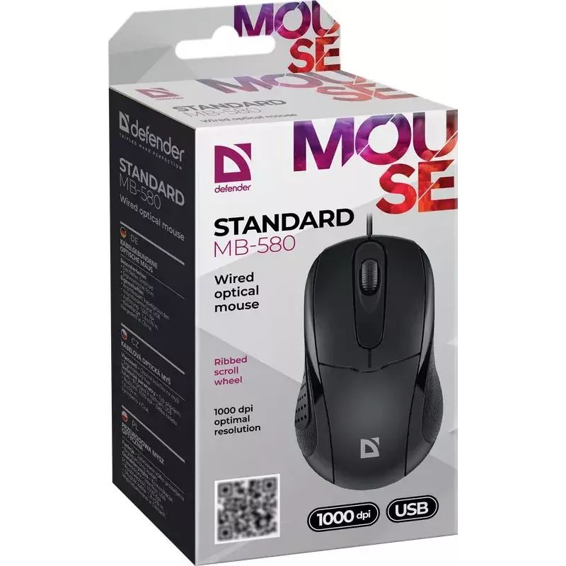 Kabelgebundene optische Maus DEFENDER MB-580 USB Typ-A, beidhändig, 1000 DPI, 3 Tasten, schwarz