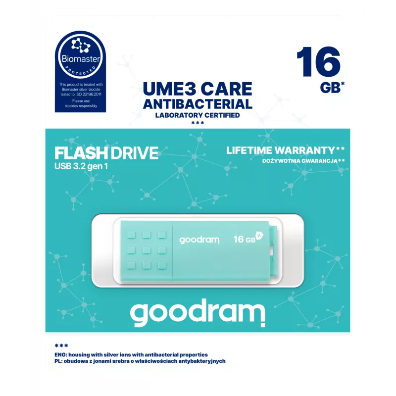 USB-Flash-Laufwerk GOODRAM UME3 CARE 16 GB USB Typ-A 3.2 Gen 1 (Lesen 60 MB/s, Schreiben 20 MB/s) türkis