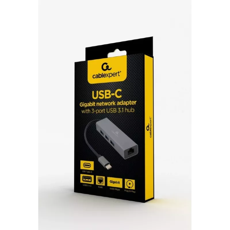 Docking-Adapter Gembird A-CMU3-LAN-01 — USB-C 3.2 Gen 1, 1× Gigabit-LAN, 3× USB-A, Metallgehäuse, grau