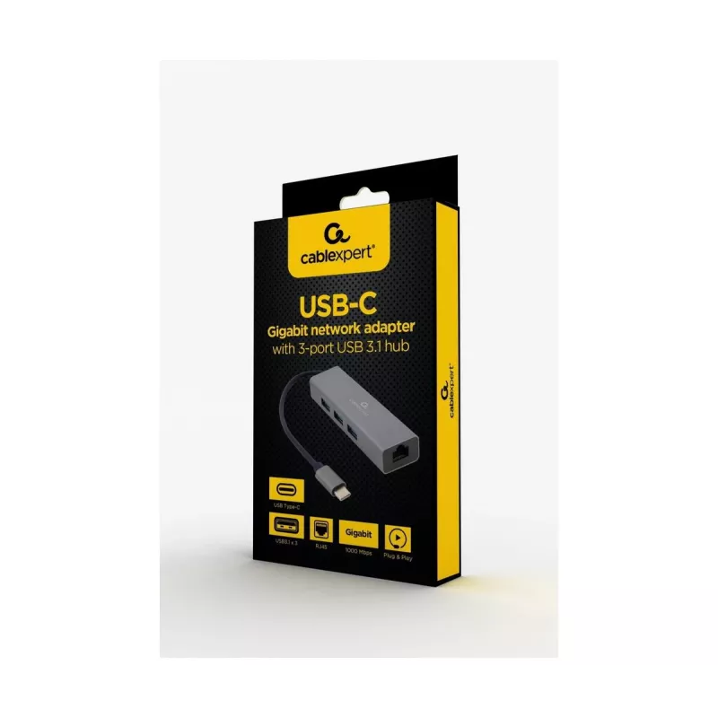 Docking-Adapter Gembird A-CMU3-LAN-01 — USB-C 3.2 Gen 1, 1× Gigabit-LAN, 3× USB-A, Metallgehäuse, grau