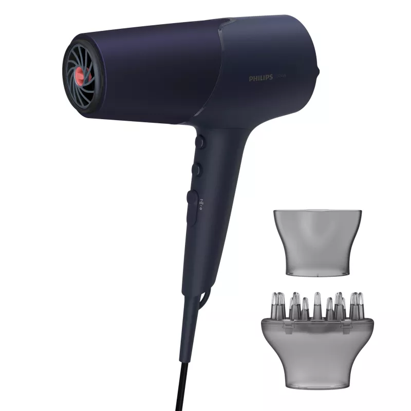 Haartrockner Philips 5000 Series BHD510/00, 2300 W, 6 Hitze-/6 Geschwindigkeitsstufen, ionisch, Cool Shot, Stylingdüse & Diffusor, marineblau, 1,8 m Kabel