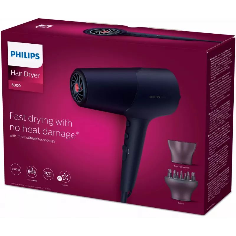 Haartrockner Philips 5000 Series BHD510/00, 2300 W, 6 Hitze-/6 Geschwindigkeitsstufen, ionisch, Cool Shot, Stylingdüse & Diffusor, marineblau, 1,8 m Kabel