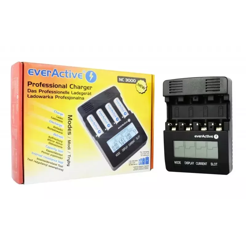 Ladegerät everActive NC-3000 — Universal-Ladegerät für AA/AAA/C/D (4 Zellen) schwarz, 100–240 V