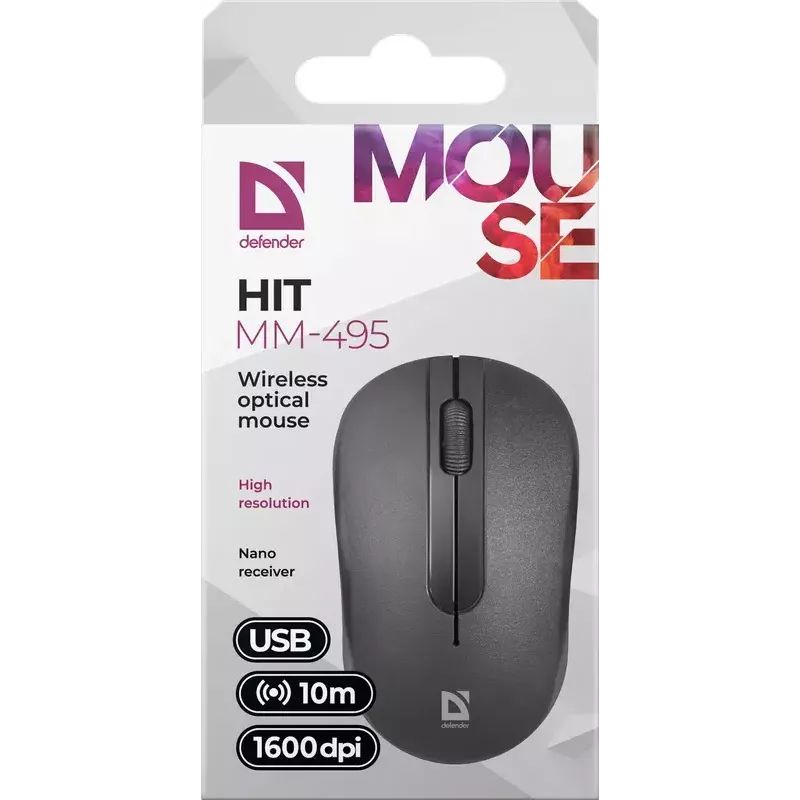 Wireless Optical Mouse DEFENDER HIT MM-495 RF, ambidextrous, 1600 DPI, USB RF receiver, black