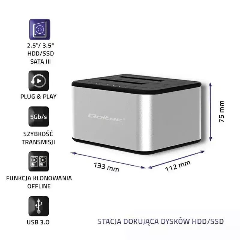Dockingstation QOLTEC 5316 für 2x 2,5/3,5 Zoll HDD/SSD, SATA, USB 3.0 (5 Gb/s), Aluminiumgehäuse