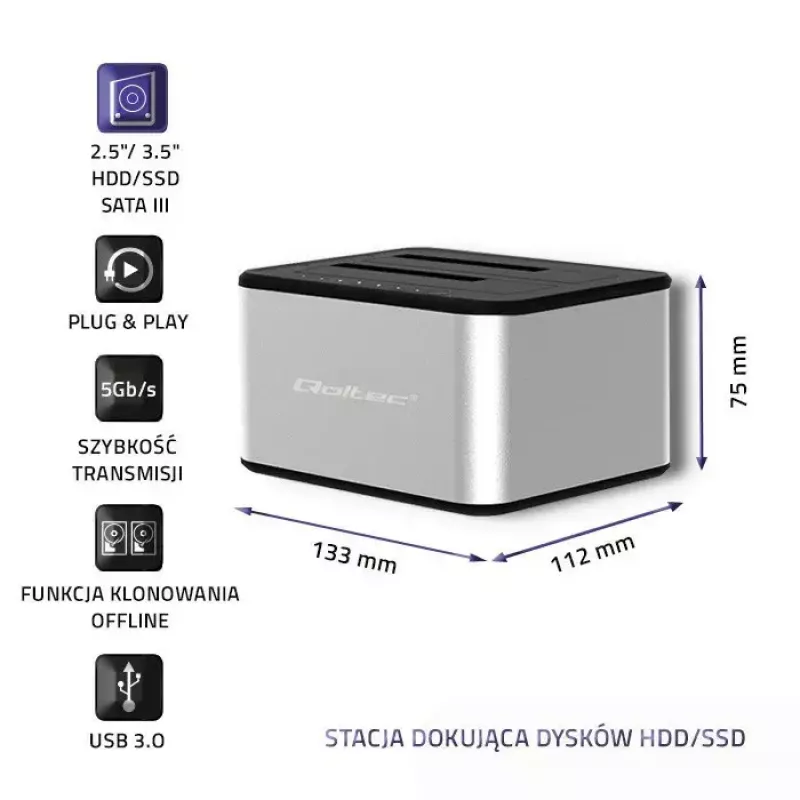 Dockingstation QOLTEC 5316 für 2x 2,5/3,5 Zoll HDD/SSD, SATA, USB 3.0 (5 Gb/s), Aluminiumgehäuse