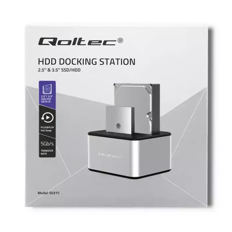 Dockingstation QOLTEC 5316 für 2x 2,5/3,5 Zoll HDD/SSD, SATA, USB 3.0 (5 Gb/s), Aluminiumgehäuse