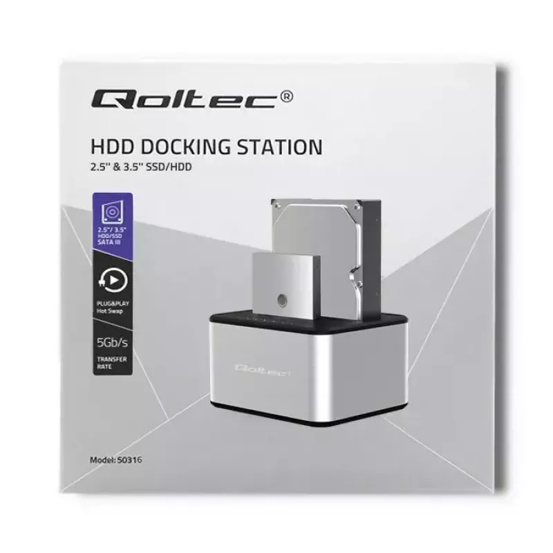 Dockingstation QOLTEC 5316 für 2x 2,5/3,5 Zoll HDD/SSD, SATA, USB 3.0 (5 Gb/s), Aluminiumgehäuse