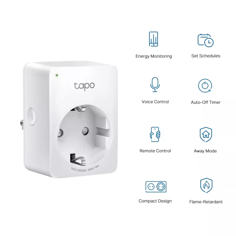 TP-Link Tapo Mini Smart Wi-Fi Steckdose, Energieüberwachung, Innenbereich, Weiß, Zuhause, Büro, Status, Android, iOS, Kabellos