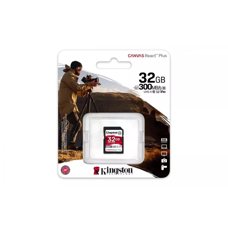 Kingston Technology 32 GB Canvas React Plus SDHC UHS-II 300R/260W U3 V90 für Full HD/4K/8K