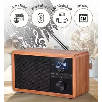 Tragbares Radio Adler AD 1184 mit DAB+/FM/AM Digitaltuner, Bluetooth 5.0, 15W, SD/USB, Wecker, Schwarz/Holz