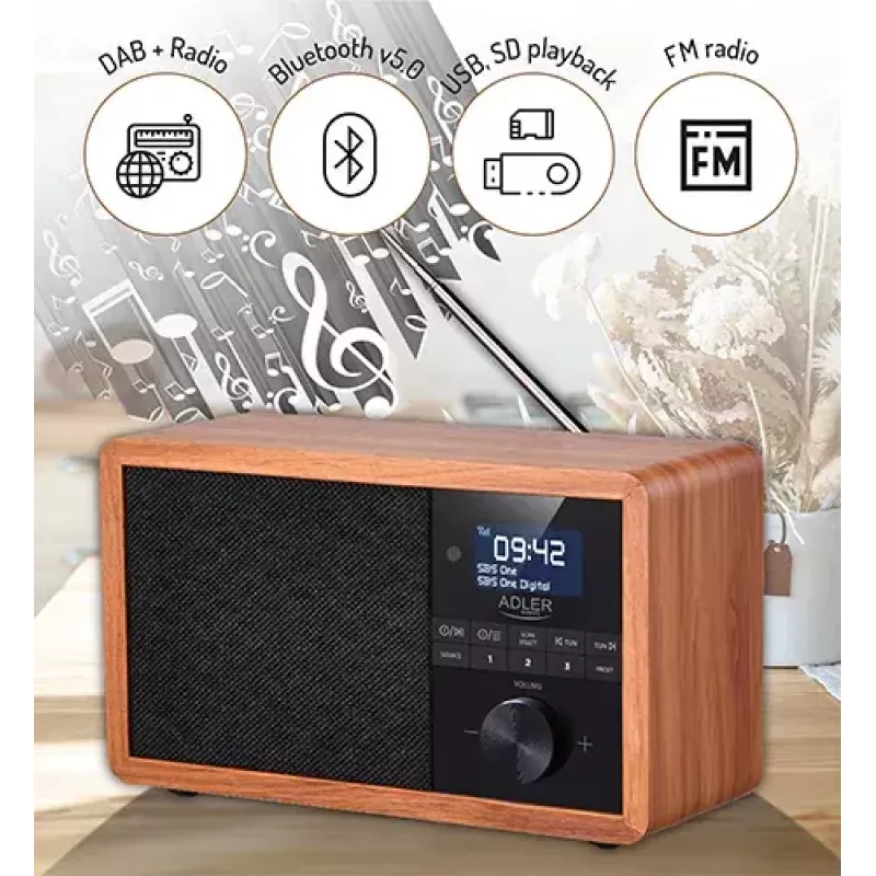 Tragbares Radio Adler AD 1184 mit DAB+/FM/AM Digitaltuner, Bluetooth 5.0, 15W, SD/USB, Wecker, Schwarz/Holz