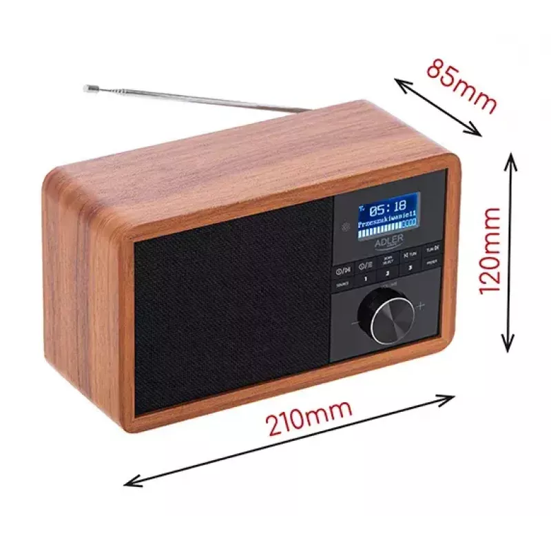 Tragbares Radio Adler AD 1184 mit DAB+/FM/AM Digitaltuner, Bluetooth 5.0, 15W, SD/USB, Wecker, Schwarz/Holz