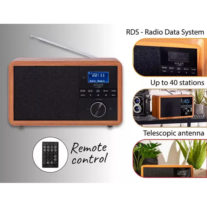 Tragbares Radio Adler AD 1184 mit DAB+/FM/AM Digitaltuner, Bluetooth 5.0, 15W, SD/USB, Wecker, Schwarz/Holz