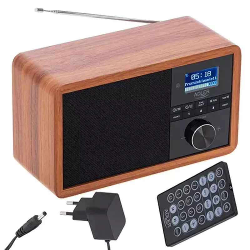 Tragbares Radio Adler AD 1184 mit DAB+/FM/AM Digitaltuner, Bluetooth 5.0, 15W, SD/USB, Wecker, Schwarz/Holz