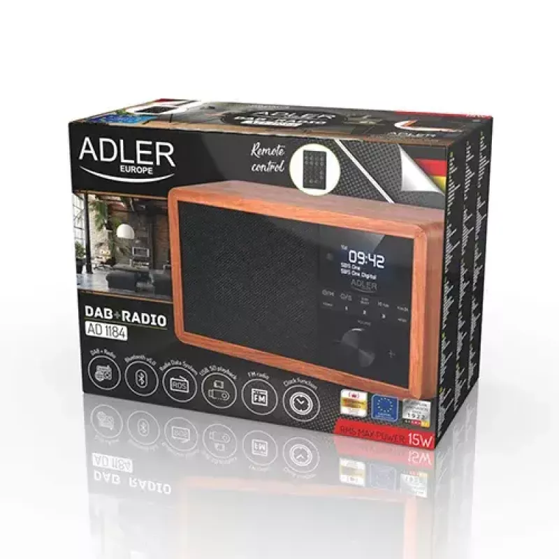 Tragbares Radio Adler AD 1184 mit DAB+/FM/AM Digitaltuner, Bluetooth 5.0, 15W, SD/USB, Wecker, Schwarz/Holz