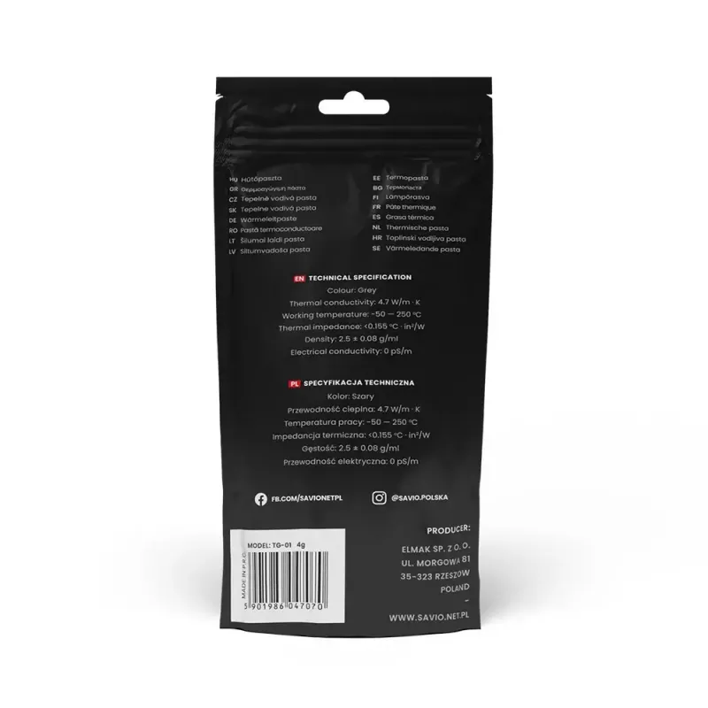 Wärmeleitpaste SAVIO TG-01, 4,7 W/m·K, 10 g, Dichte 2,5 g/cm³, Betrieb −50–250 °C