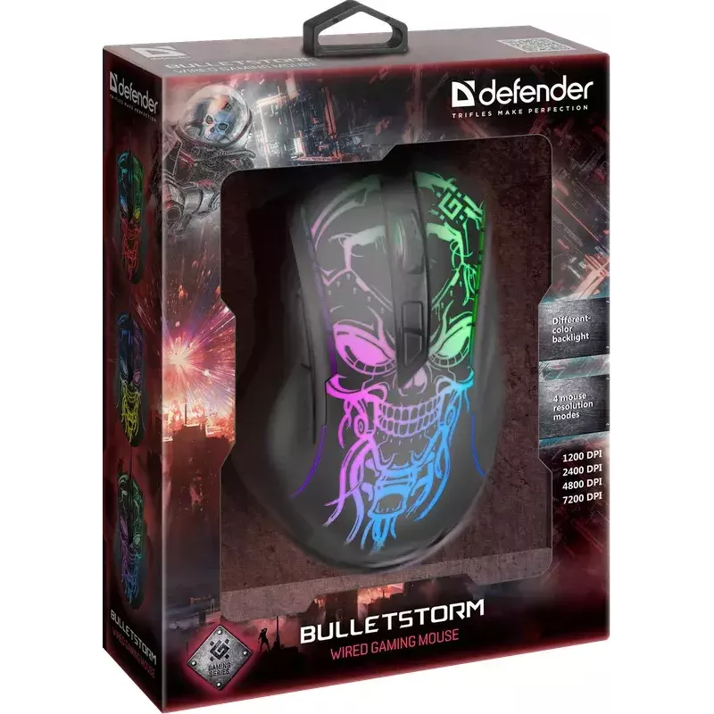 Gaming-Maus DEFENDER BULLETSTORM GM-928 — optisch, 7200 DPI, beidhändig, 6–7 Tasten, USB Typ-A, schwarz