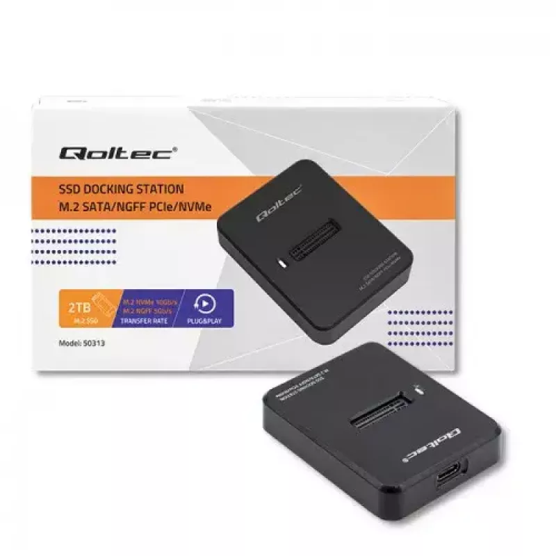 SSD-Gehäuse QOLTEC 50313 Schwarz — M.2 (22×80 / 22×110) PCIe & SATA, USB Typ-C (USB 2.0 / 3.2 Gen2)