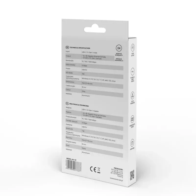 USB-C Hub SAVIO AK-57 mit 3× USB-A, RJ-45 Gigabit Ethernet (5000 Mbit/s), Aluminium grau