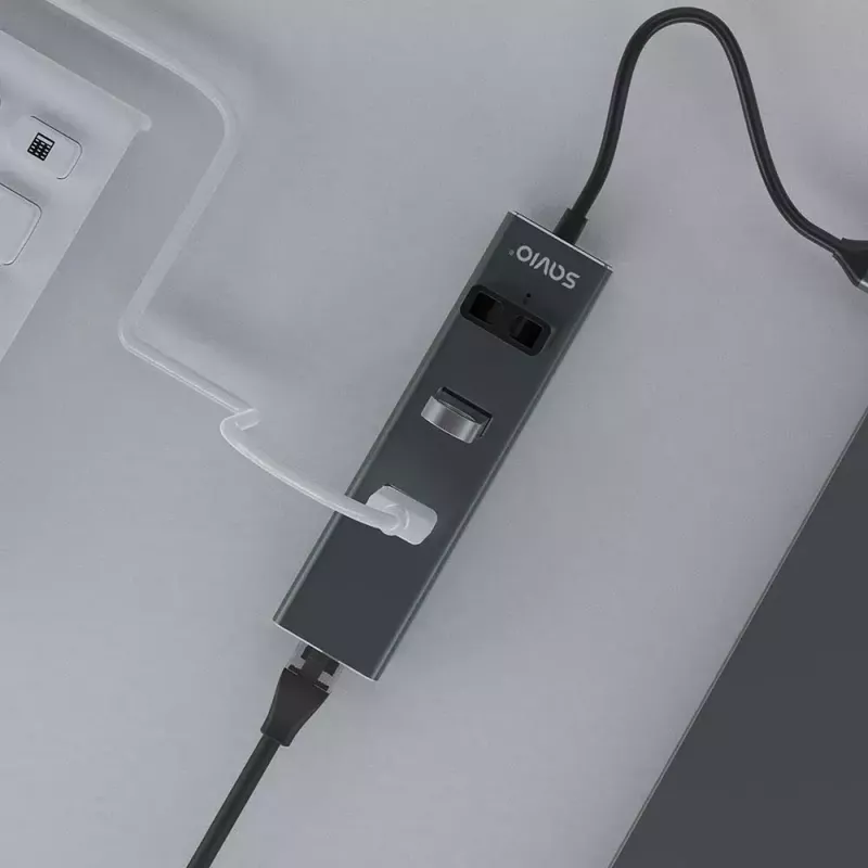 USB-C Hub SAVIO AK-57 mit 3× USB-A, RJ-45 Gigabit Ethernet (5000 Mbit/s), Aluminium grau