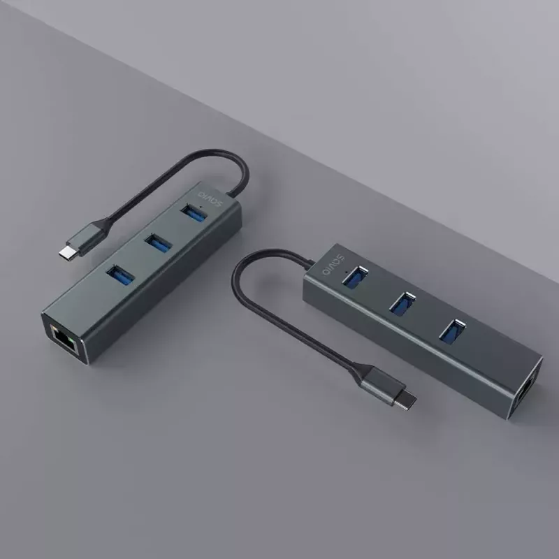 USB-C Hub SAVIO AK-57 mit 3× USB-A, RJ-45 Gigabit Ethernet (5000 Mbit/s), Aluminium grau