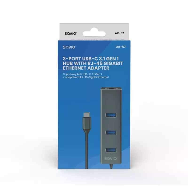 USB-C Hub SAVIO AK-57 mit 3× USB-A, RJ-45 Gigabit Ethernet (5000 Mbit/s), Aluminium grau