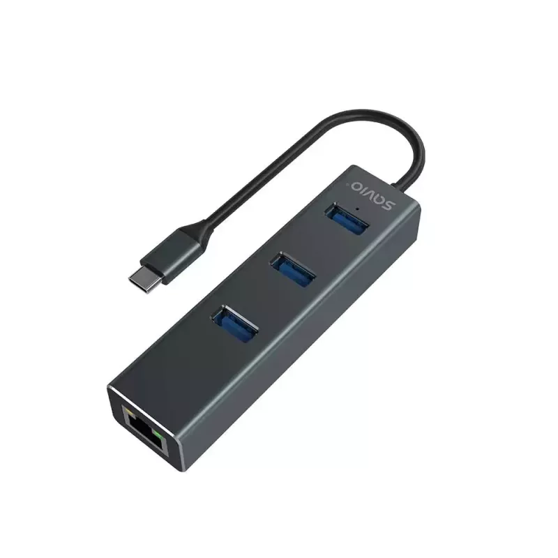 USB-C Hub SAVIO AK-57 mit 3× USB-A, RJ-45 Gigabit Ethernet (5000 Mbit/s), Aluminium grau