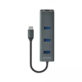 USB-C Hub SAVIO AK-57 mit 3× USB-A, RJ-45 Gigabit Ethernet (5000 Mbit/s), Aluminium grau