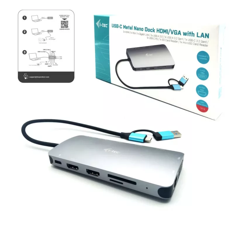 i-tec USB 3.0 USB-C/Thunderbolt 3x Display Metal Nano Dock mit LAN + Power Delivery 100 W