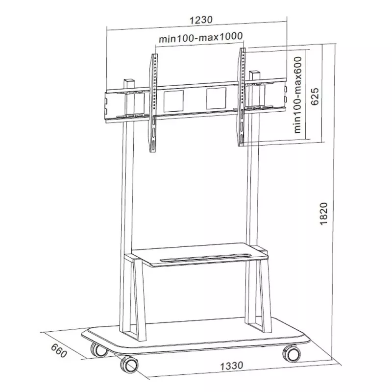 Tragbarer Bodenständer TECHLY Signage Display Mount ICA-TR31 für 55–120 Zoll Bildschirme, VESA 1200x600, max. Belastung 150 kg, schwarz