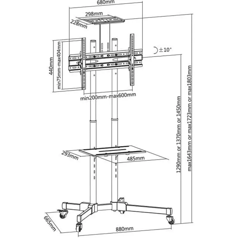 Bodenständerhalterung TECHLY ICA-TR16T für 37-Zoll- bis 70-Zoll-Displays, VESA 200x200–600x400, bis zu 50 kg, höhenverstellbar, Rollen, Neigung ±10° (schwarz)