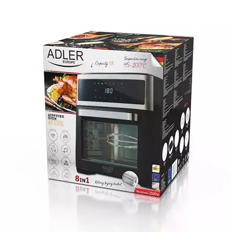 Heißluft-Fritteuse-Ofen Adler AD 6309 13 L 2500 W Schwarz/Silber, Touch-Steuerung, Rotisserie