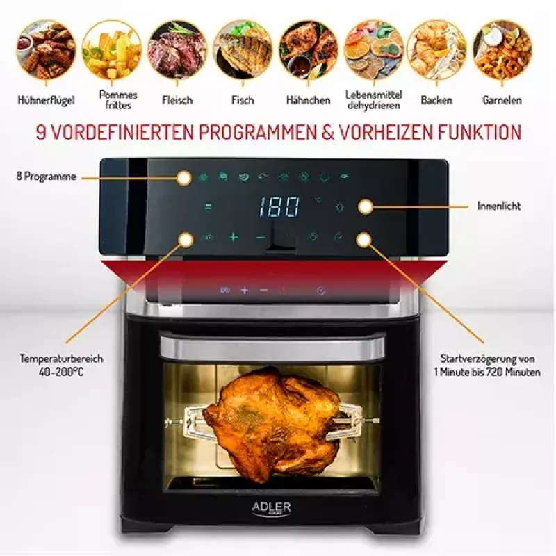 Heißluft-Fritteuse-Ofen Adler AD 6309 13 L 2500 W Schwarz/Silber, Touch-Steuerung, Rotisserie