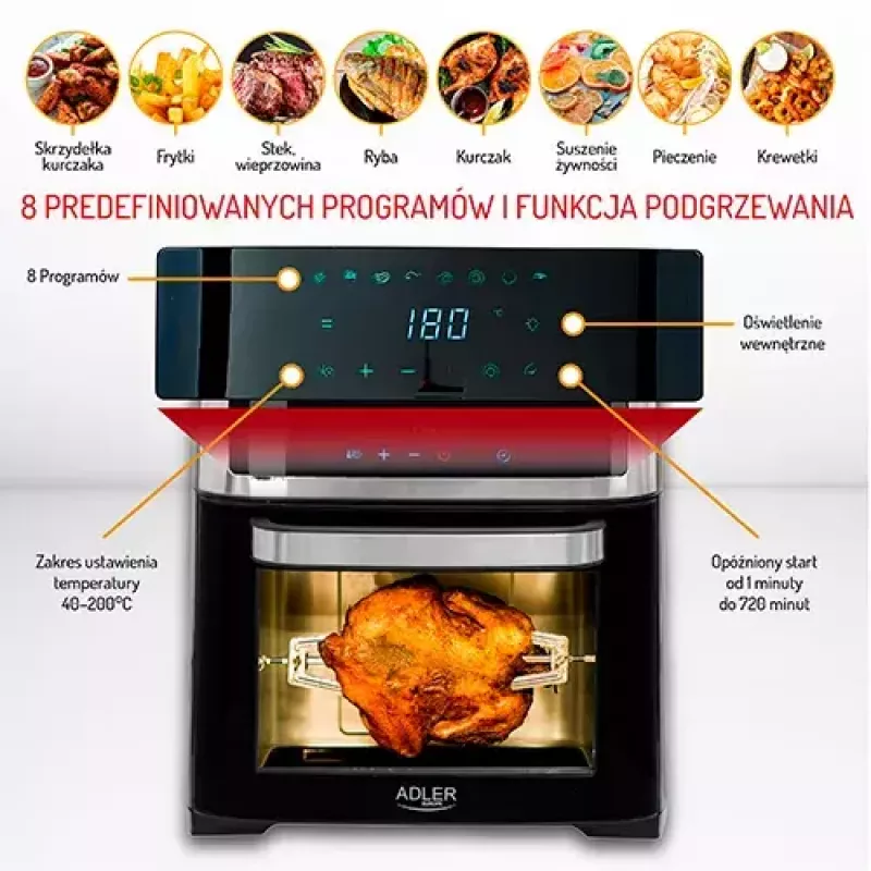 Heißluft-Fritteuse-Ofen Adler AD 6309 13 L 2500 W Schwarz/Silber, Touch-Steuerung, Rotisserie