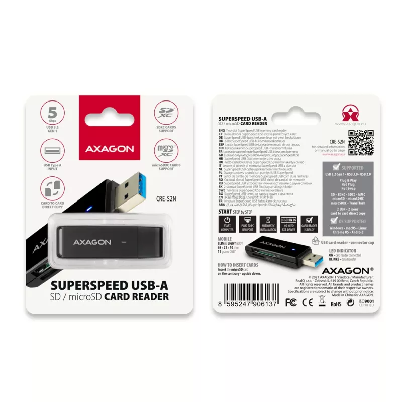 Card Reader Axagon CRE-S2N USB 3.2 Gen 1 Type-A Schwarz