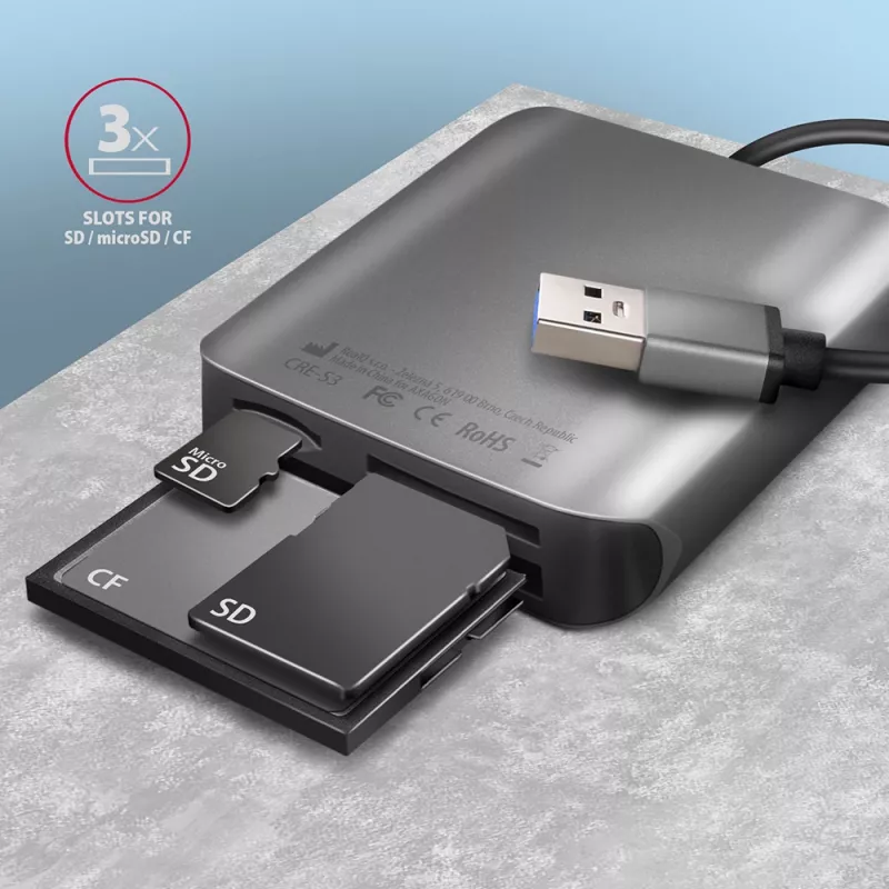 Axagon CRE-S3 Externer USB-A 3.2 Gen 1 3-Slot & LUN SD/microSD/CF-Kartenleser USB 3.2 Gen 1 (3.1 Gen 1) Typ-A Grau