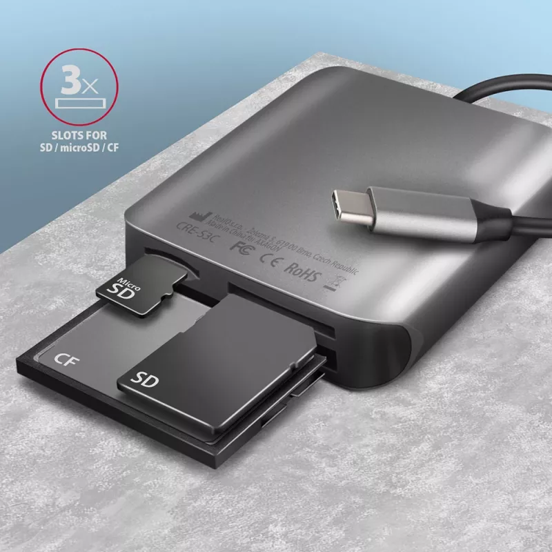 Axagon CRE-S3C Aluminium Highspeed USB-C 3.2 Gen 1 Speicherkartenleser, 3 Steckplätze, UHS-II