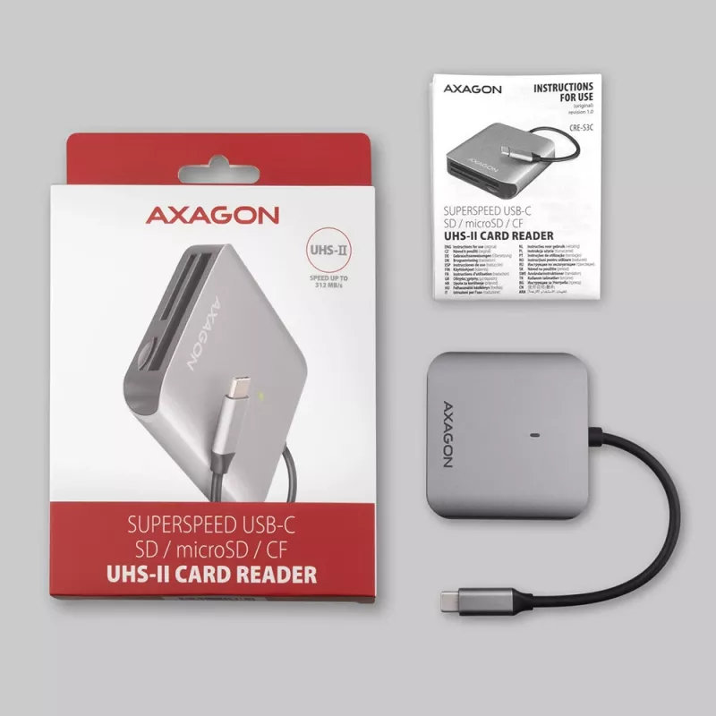 Axagon CRE-S3C Aluminium Highspeed USB-C 3.2 Gen 1 Speicherkartenleser, 3 Steckplätze, UHS-II