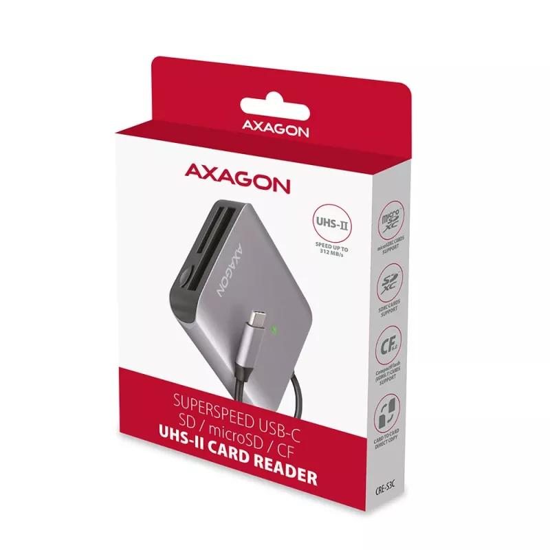 Axagon CRE-S3C Aluminium Highspeed USB-C 3.2 Gen 1 Speicherkartenleser, 3 Steckplätze, UHS-II