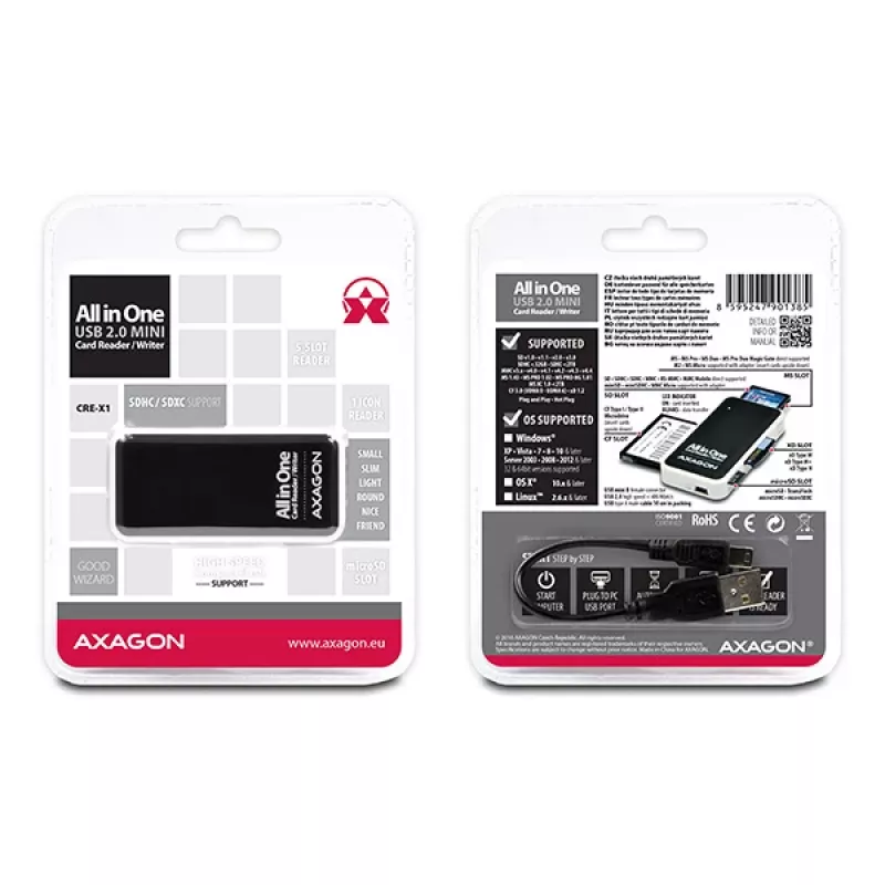 Axagon CRE-X1 externer 5-Slot-Kartenleser, CF, CF Type II, MMC, MMC Mobile, MMCmicro, MS Duo, MS PRO, Memory Stick (MS), MicroDrive, MicroSD...,